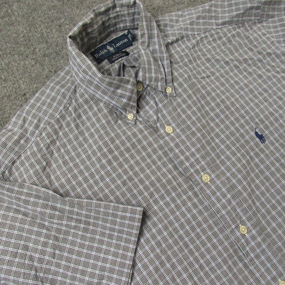 Ralph Lauren Shirt Men Medium Blue Gray Plaid Blake Short Sleeve Cotton Oversize